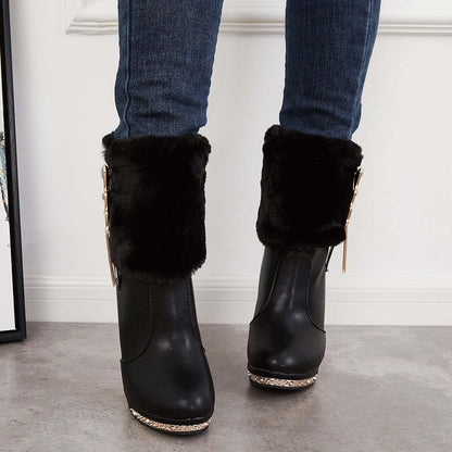 Rhinestone Faux Fur Lined Ankle Boots Chunky High Heel Booties