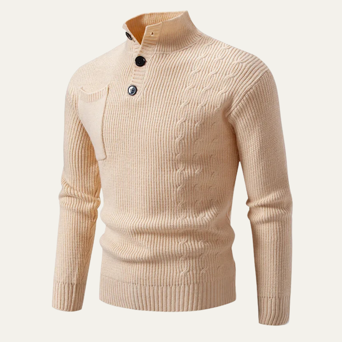 Warm Crew Neck Men's Knit Sweater with Buttons