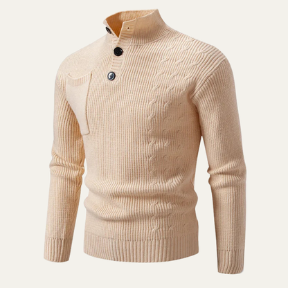 Warm Crew Neck Men's Knit Sweater with Buttons
