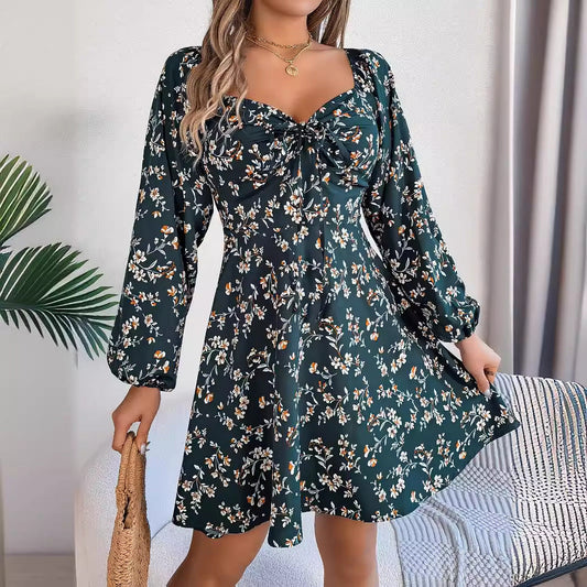Women's Elegant Floral Print A-Line Dress with Lantern Sleeves