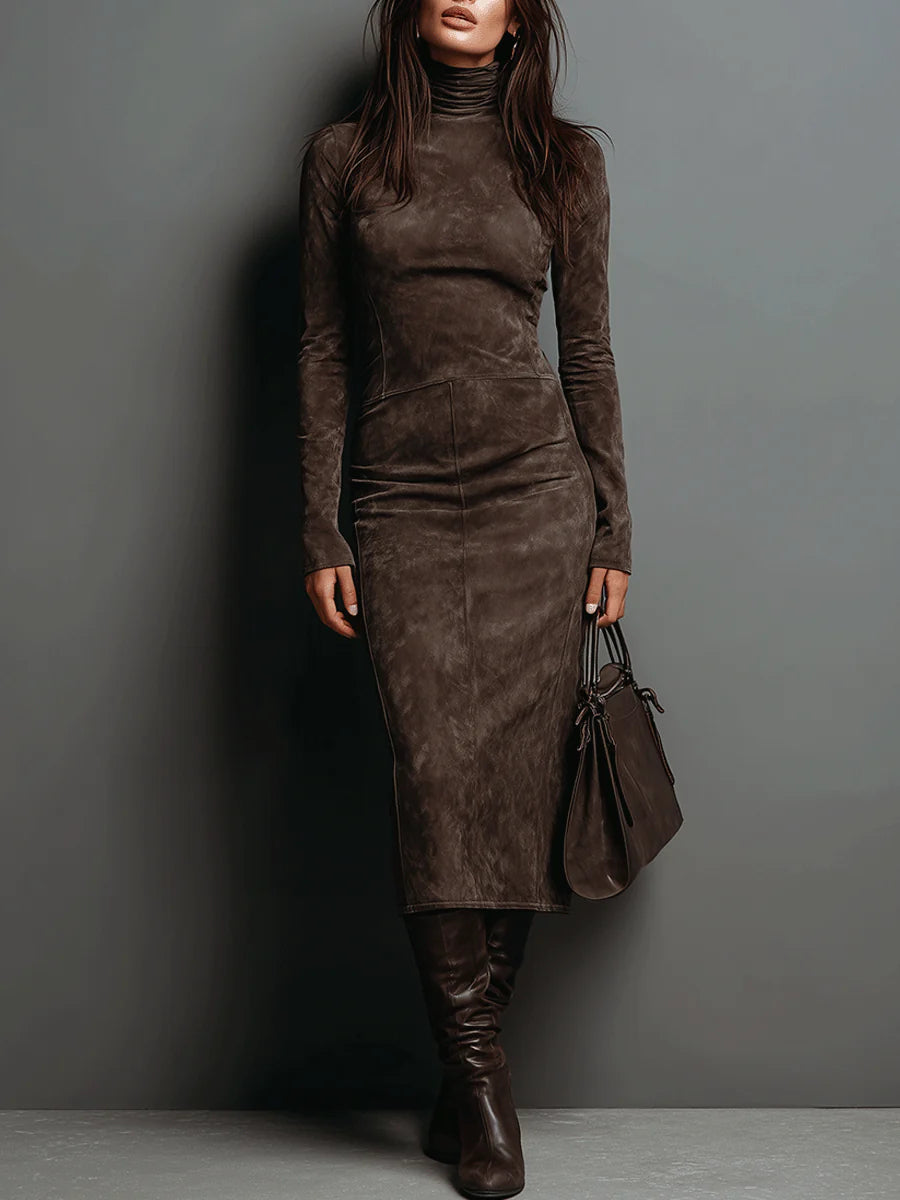 Luxurious Suede Mid Length High Neck Dress - OutfitLondon