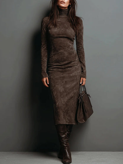 Luxurious Suede Mid Length High Neck Dress - OutfitLondon