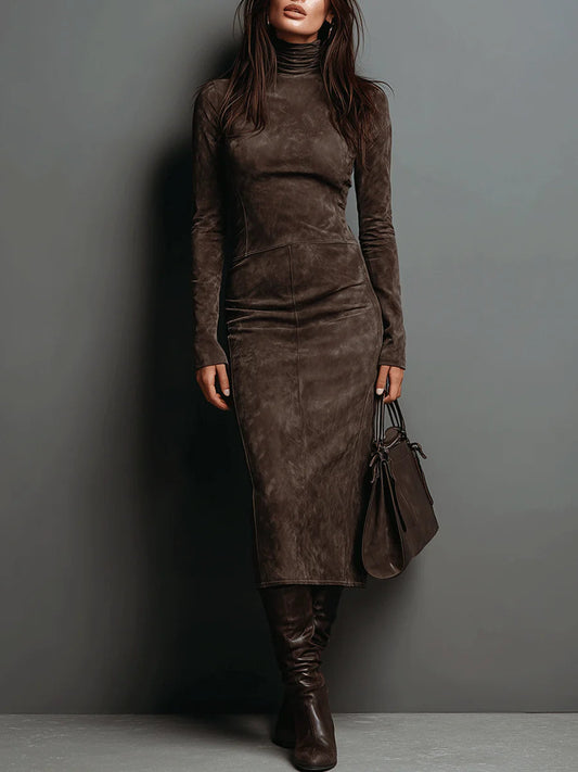 Luxurious Suede Mid Length High Neck Dress - OutfitLondon