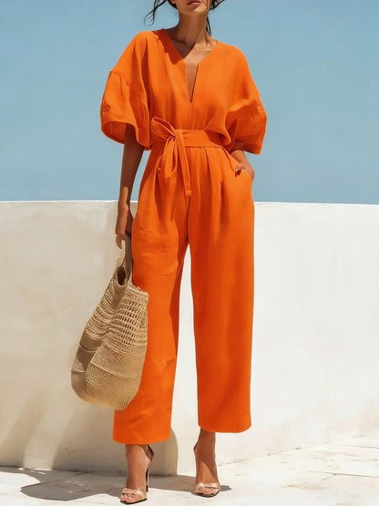 Women's Classic V-Neck Solid Color Jumpsuit