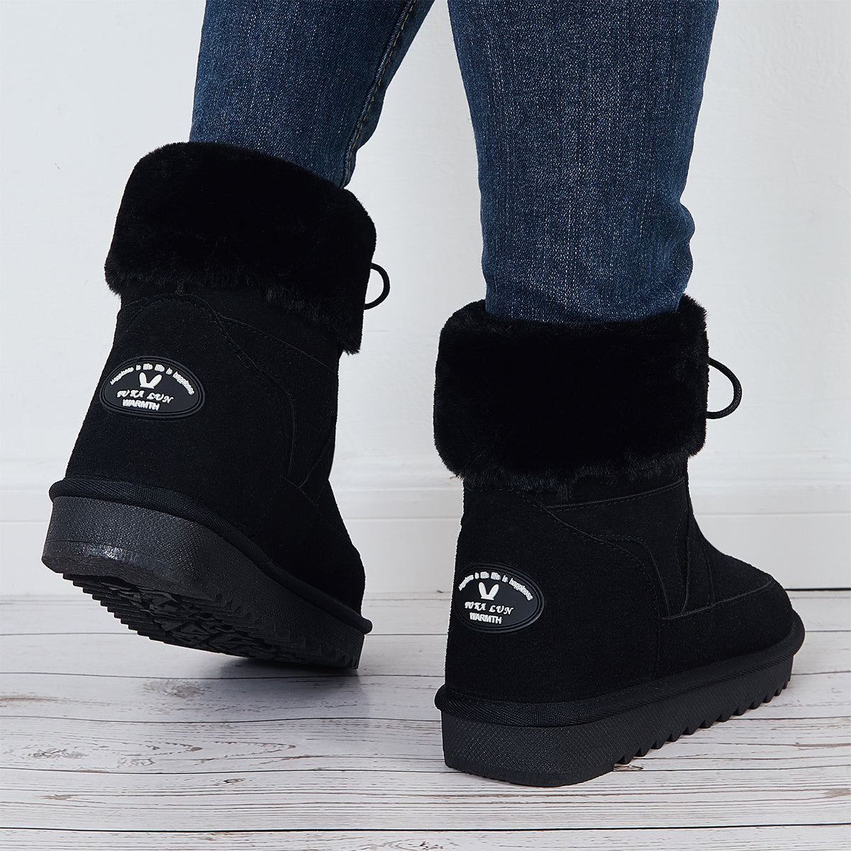 Warm Fur Lined Snow Boots Lace Up Chunky Low Heel Ankle Booties