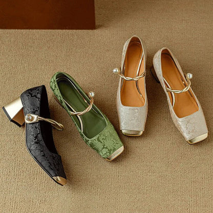 Floral Embossed Square Toe Heels