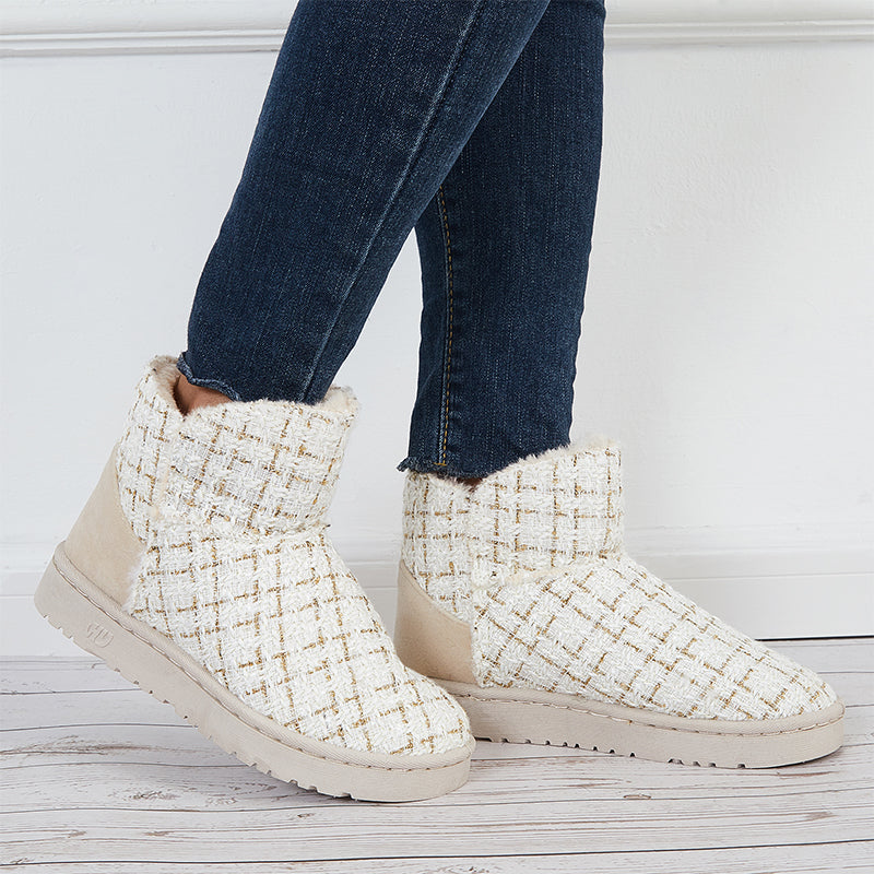 Plaid Design Slip On Ankle Boots Winter Thermal Snow Short Booties