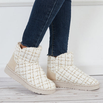 Plaid Design Slip On Ankle Boots Winter Thermal Snow Short Booties