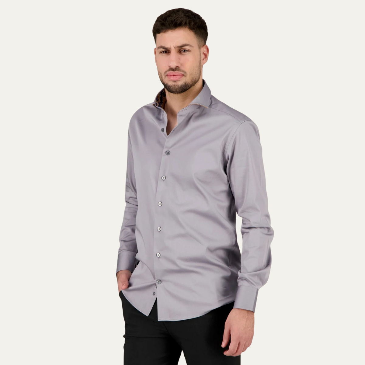 Slim Fit Grey Cotton Dress Shirt for Men
