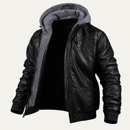 Men's Quilted Synthetic Leather Bomber Jacket with Fleece Hood