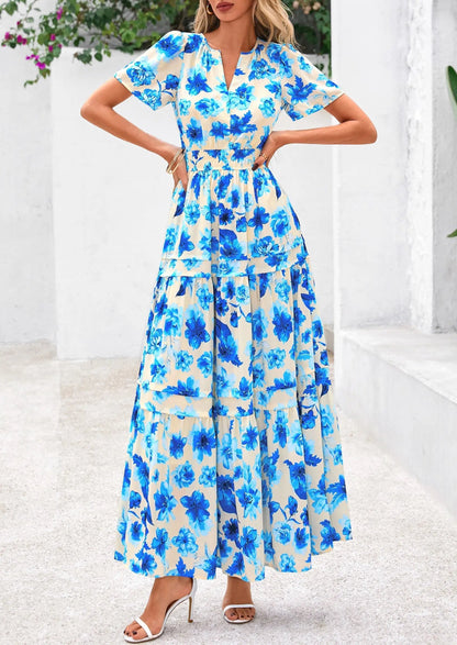 Casual Floral V Neck Flowy Beach Maxi Dress