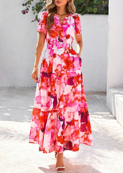 Casual Floral V Neck Flowy Beach Maxi Dress
