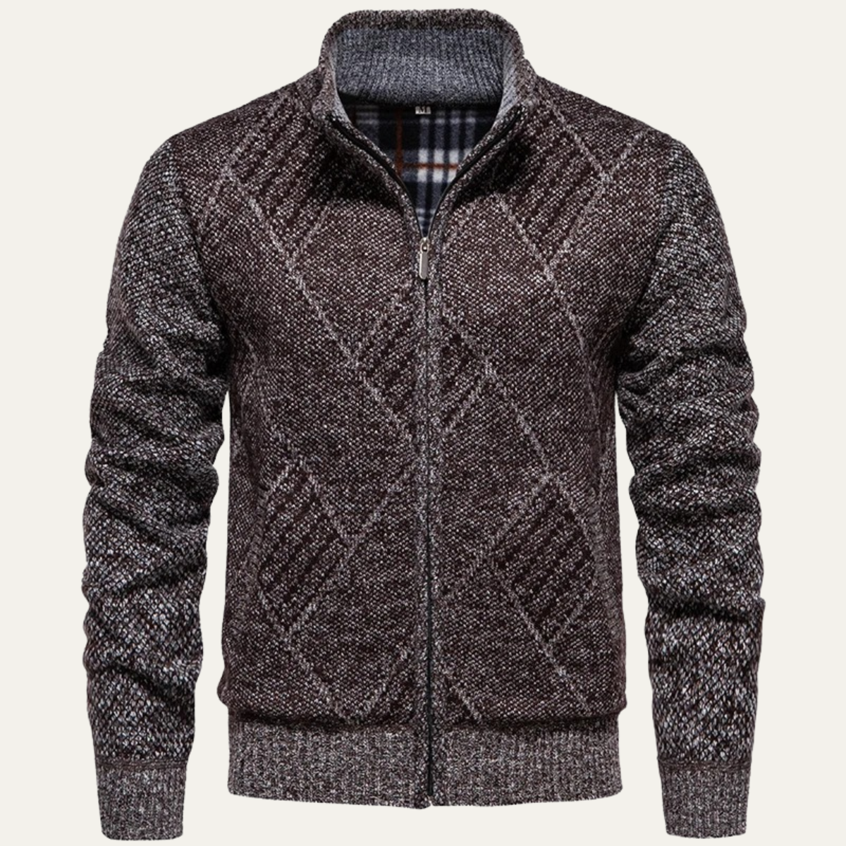 Warm Mens Fleece Cardigan with Diamond Design - OutfitLondon