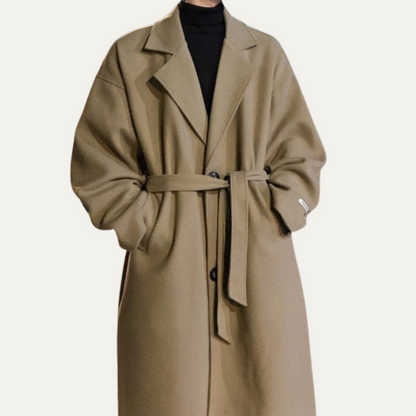 Classic Tan Wool Overcoat for Men with Belt