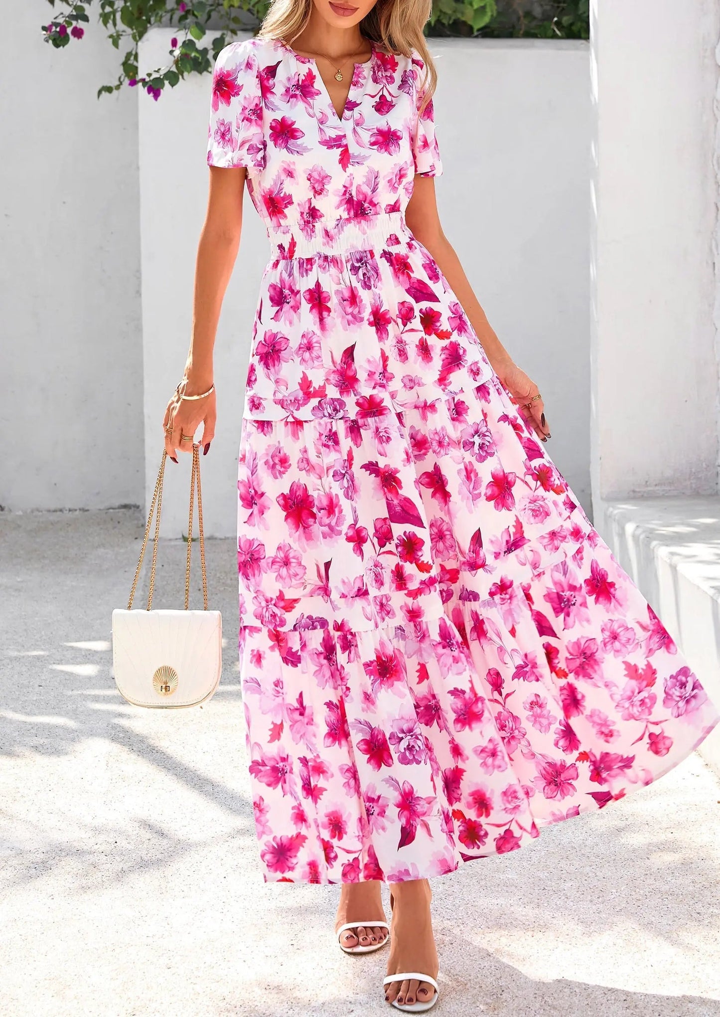 Casual Floral V Neck Flowy Beach Maxi Dress