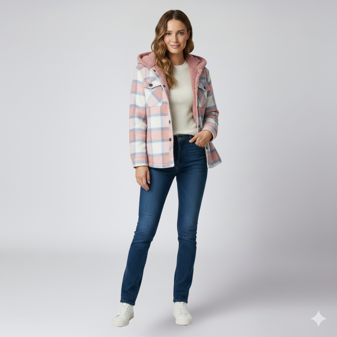 Warm Hooded Plaid Jacket for Women