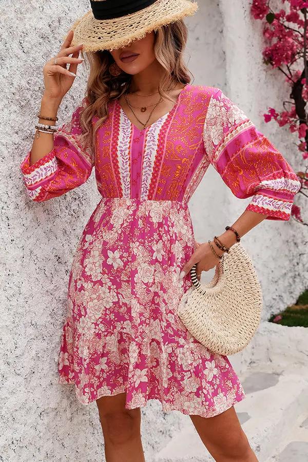 Trendy Floral V Neck Summer Mini Dress