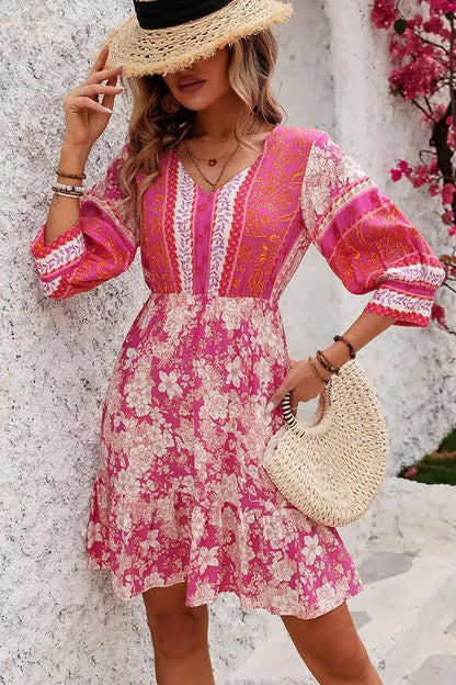 Trendy Floral V Neck Summer Mini Dress