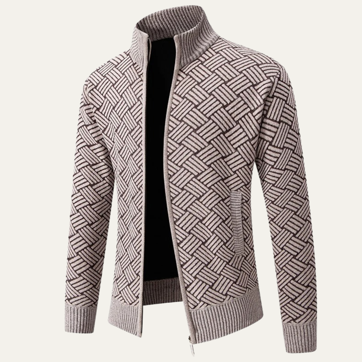 Men's Classic Knit Pattern Jacket with Stand Collar