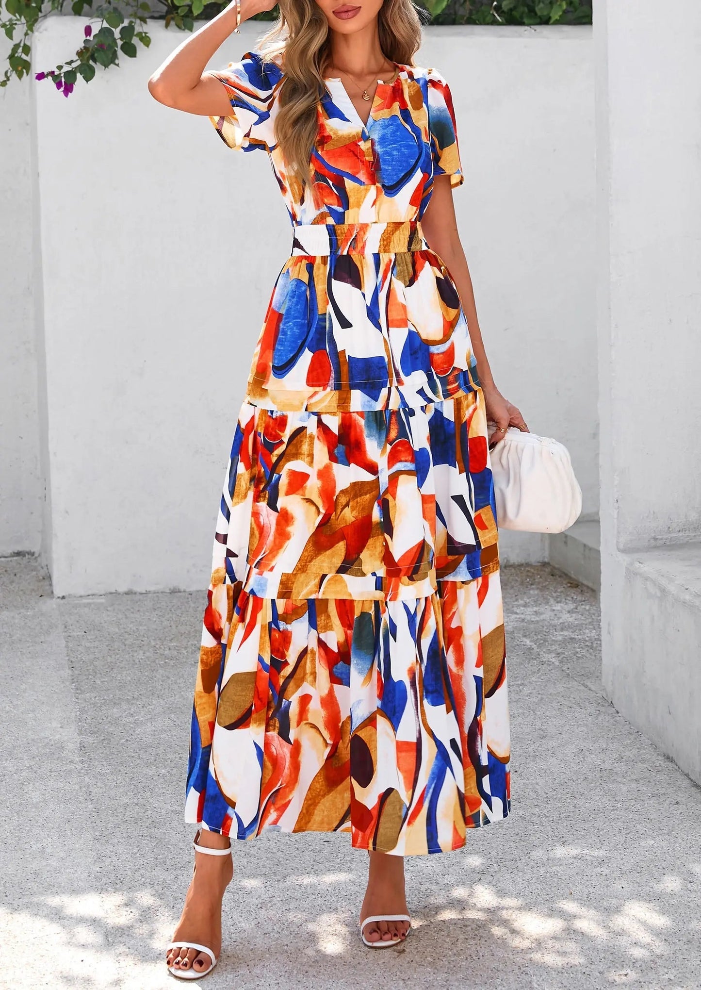 Casual Floral V Neck Flowy Beach Maxi Dress