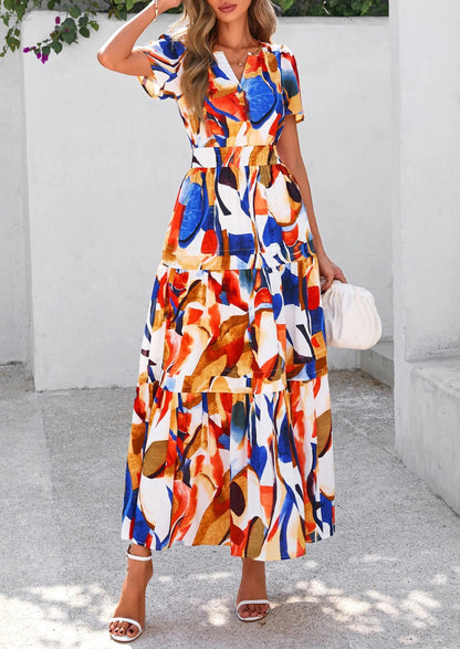 Casual Floral V Neck Flowy Beach Maxi Dress