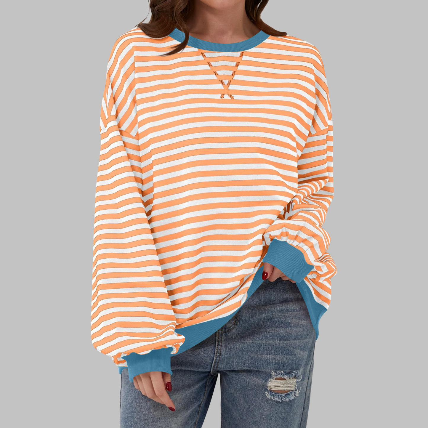 Relaxed Fit Striped Crew Neck Sweatshirt