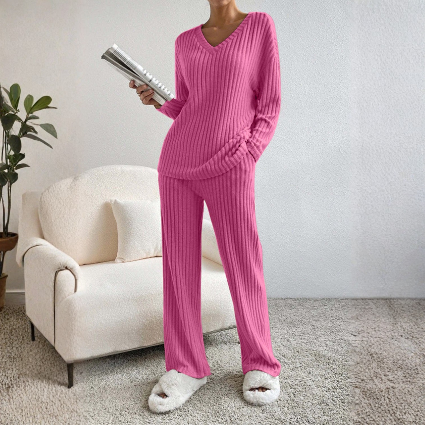 Relaxed Fit Long Sleeve V Neck Loungewear Set