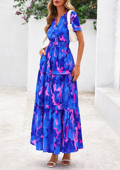 Casual Floral V Neck Flowy Beach Maxi Dress