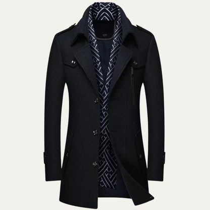 Classic Men's Wool Long Overcoat with Lapel Collar
