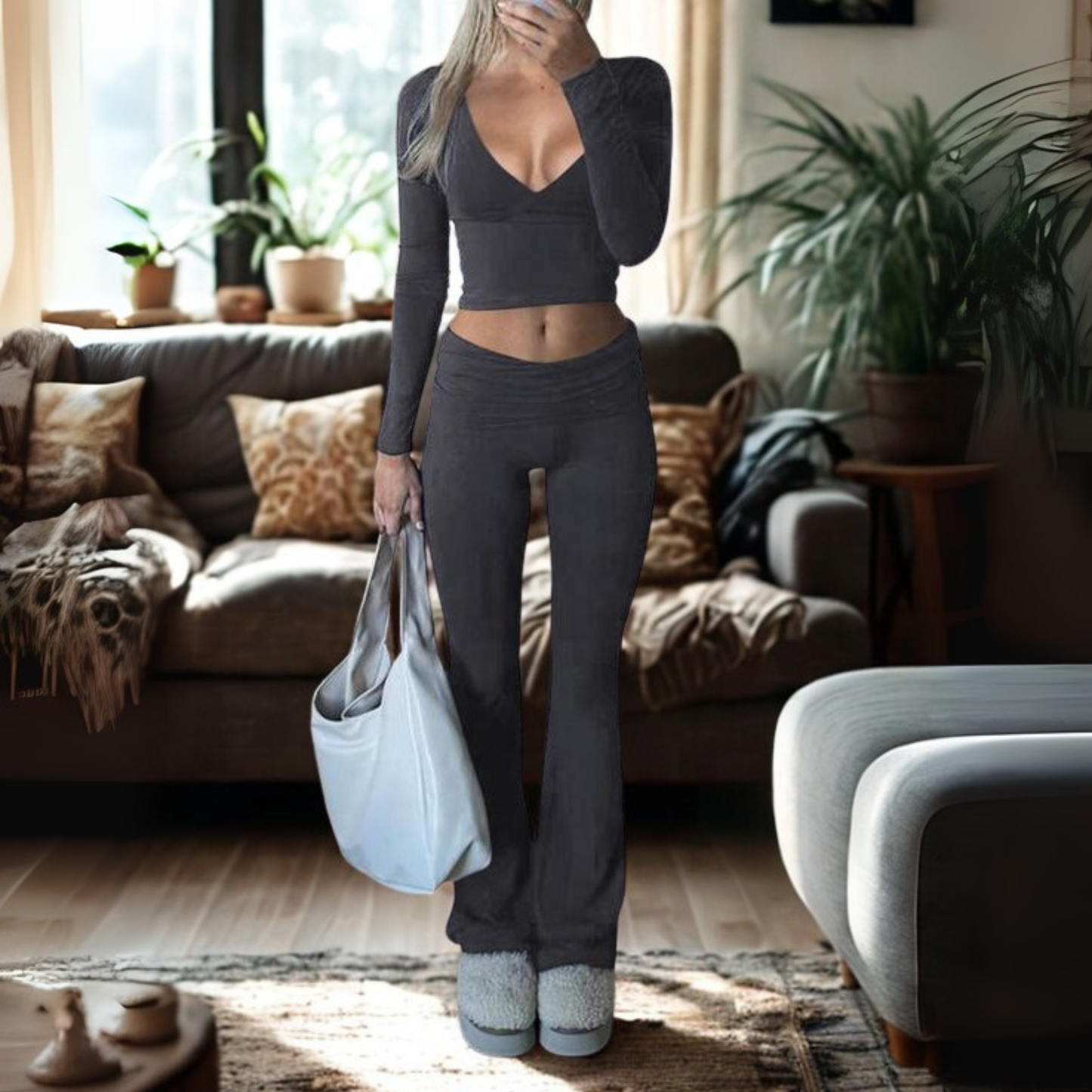Relaxed Fit V-Neck Crop Top and Leggings Set