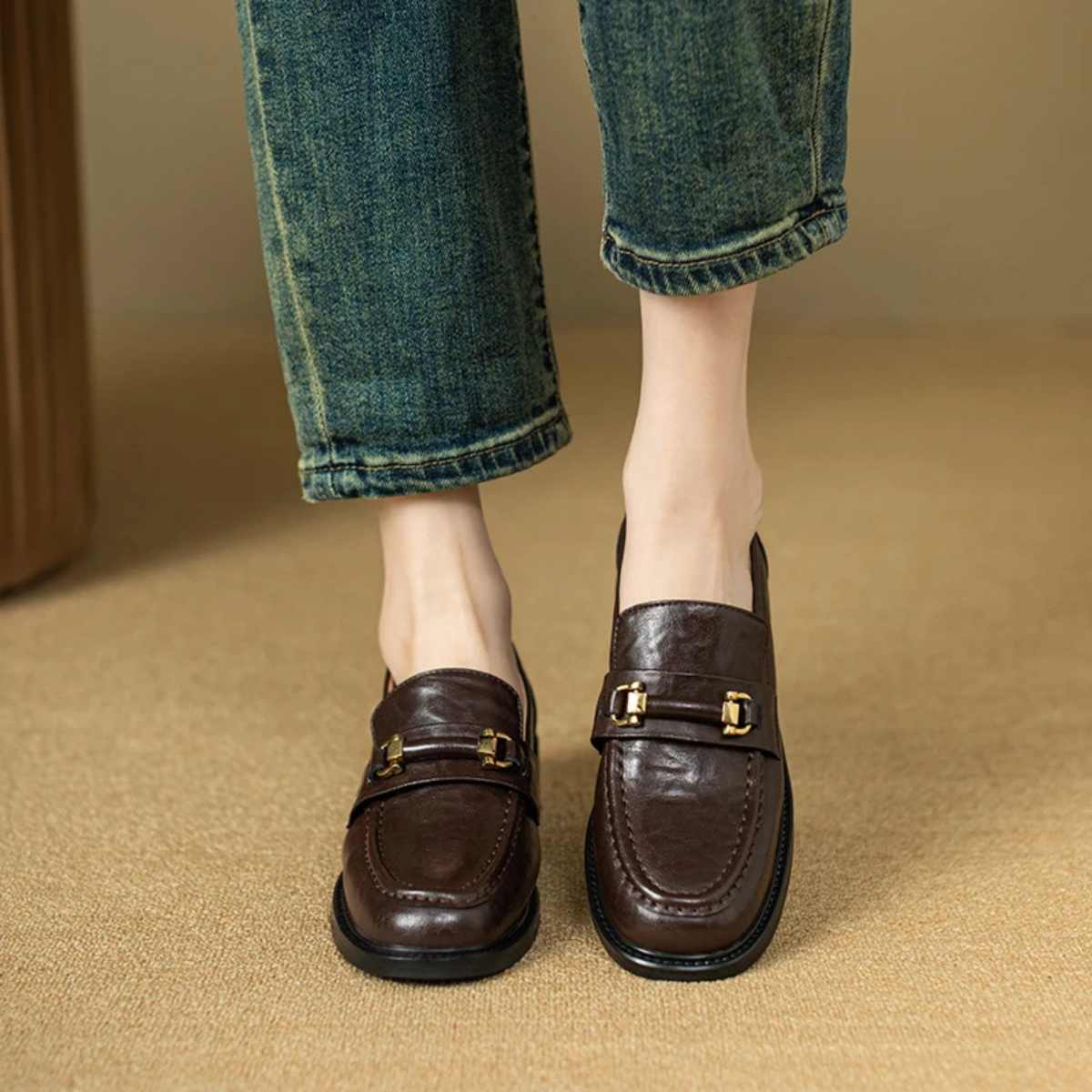 Luxury Mens Leather Slip On Dress Loafers with Metal Buckle