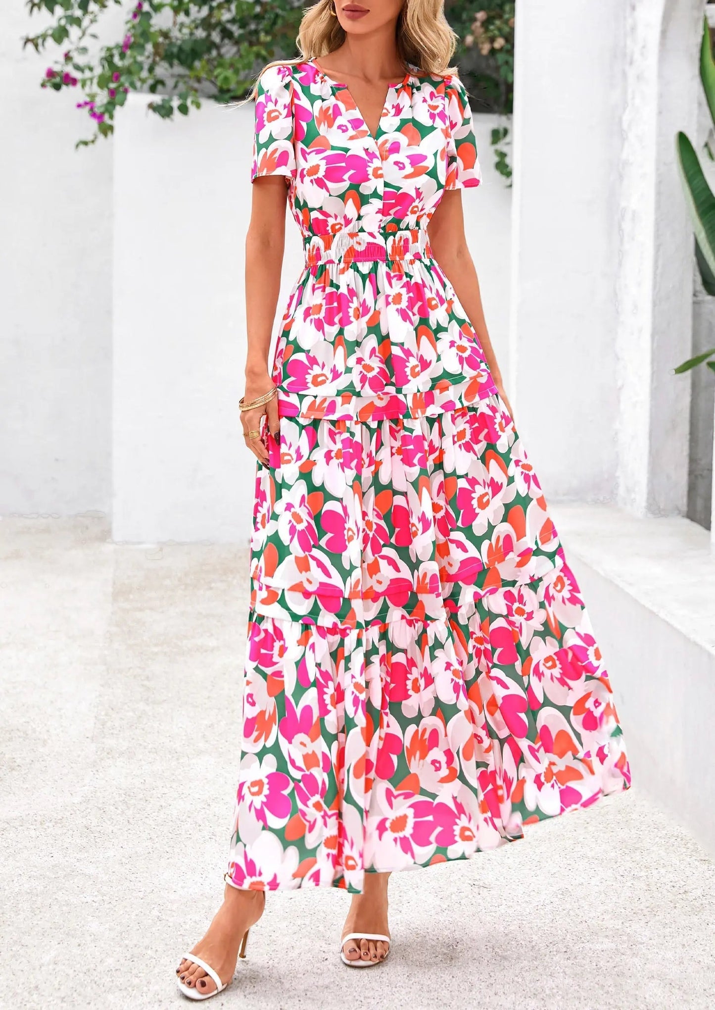 Casual Floral V Neck Flowy Beach Maxi Dress