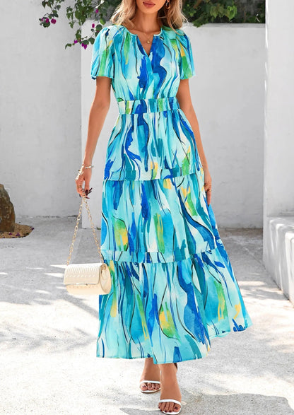 Casual Floral V Neck Flowy Beach Maxi Dress