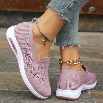 Sporty Sneakers For Women, Floral Embroidered Slip On Rocking Shoes