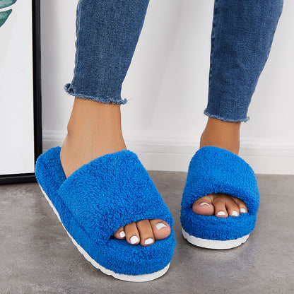 Open Toe Faux Fur Flat Slippers Soft Warm Slip on Furry Slippers