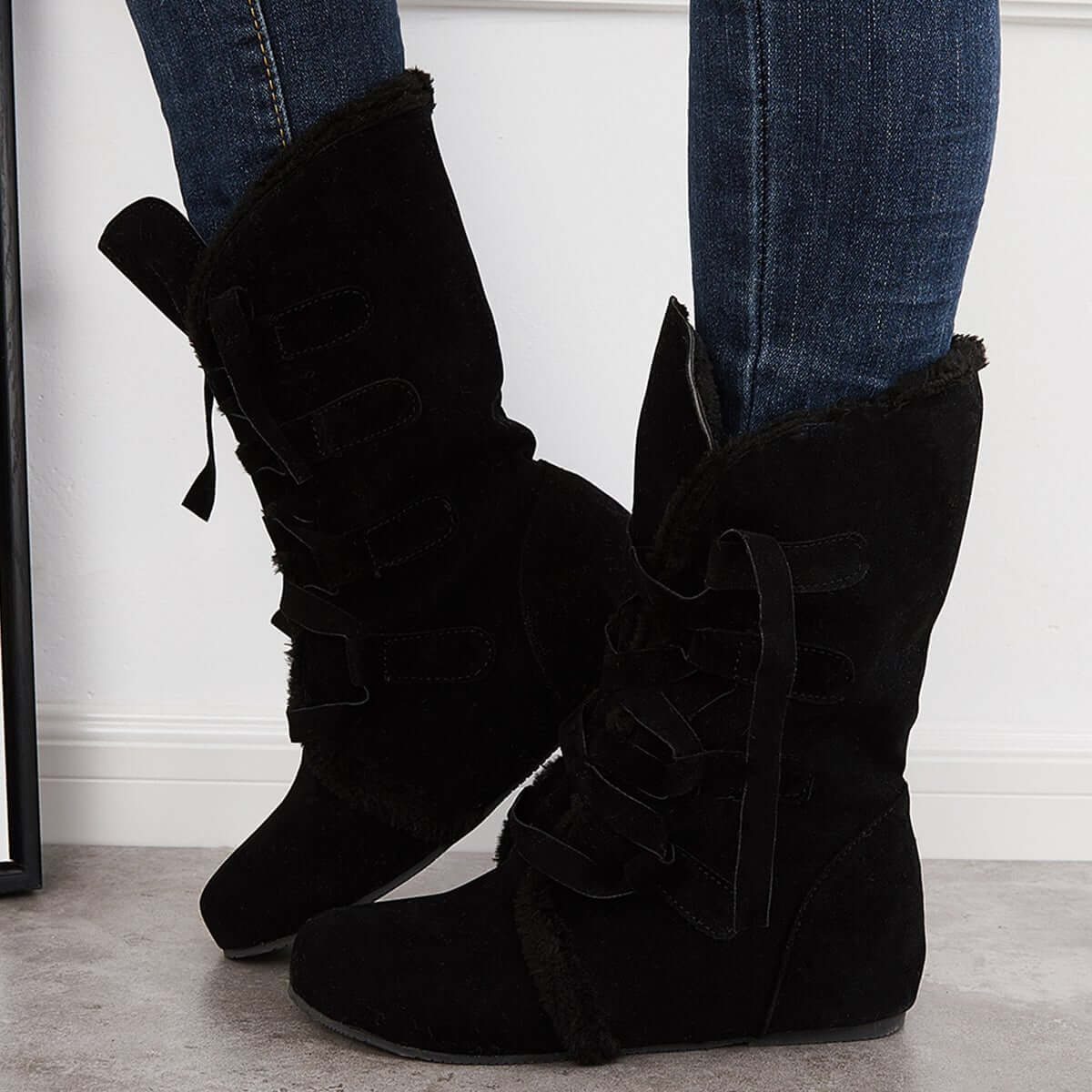 Warm Fur Mid Calf Snow Boots Wide Calf Hidden Wedge Boots