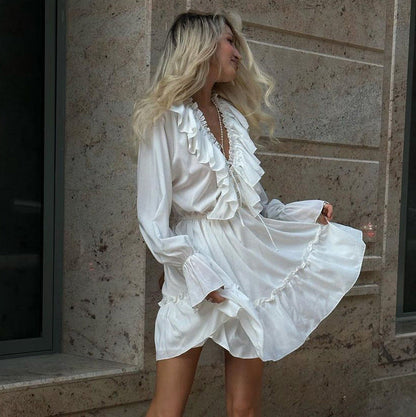 Women's Elegant V-Neck Pleated Ruffle Long Sleeve Dress