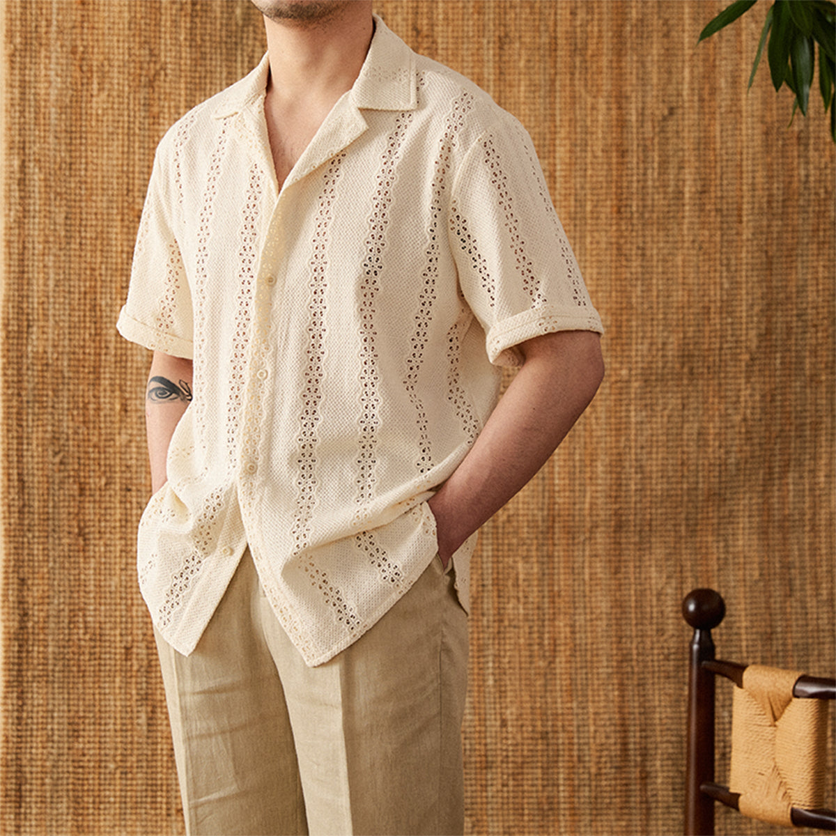 Men's Casual Cotton Short Sleeve Cuban Collar Shirt Beige