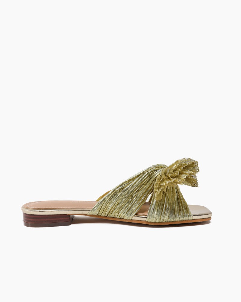 Pleated Bow Open Toe Comfort Slip On Slide Flat Sandals