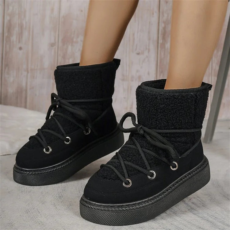 Warm Women's Fuzzy Winter Boots - Lace Up Design