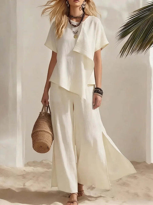 Women's Casual Asymmetrical Short Sleeve Top and Wide Leg Pants Set