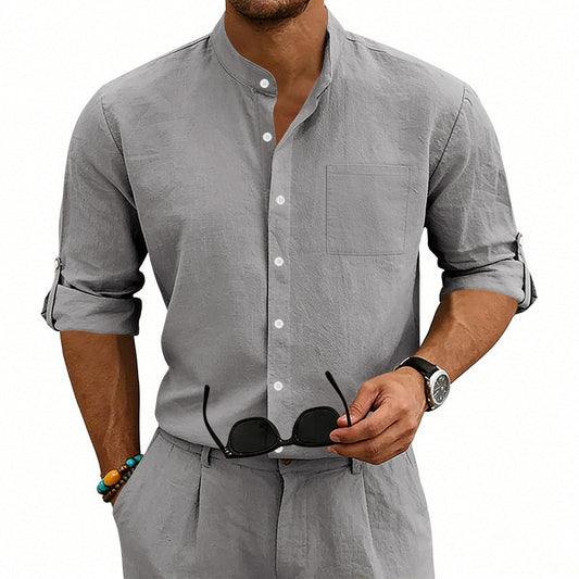 Men's Casual Linen Stand-Up Collar Shirt