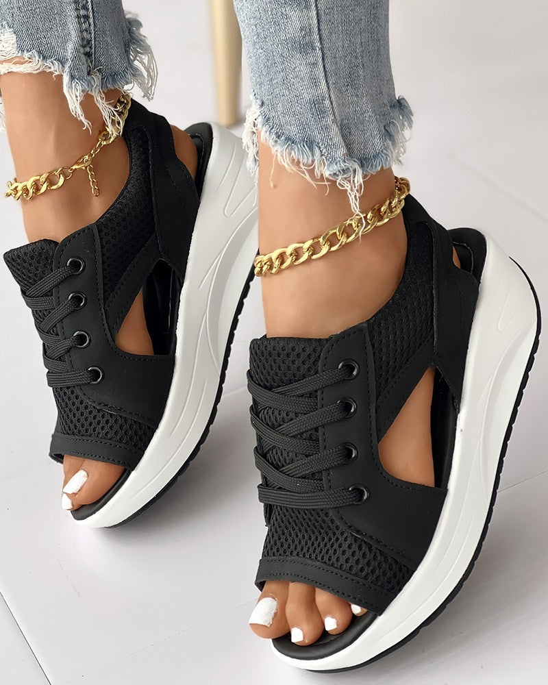 Contrast Paneled Cutout Lace-up Muffin Sandals