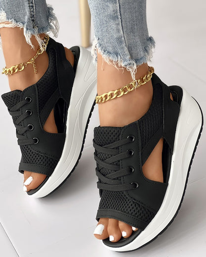 Contrast Paneled Cutout Lace-up Muffin Sandals
