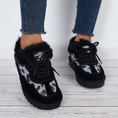 Leopard Lace Up Warm Flats Snow Boots Faux Fur Lined Loafer Shoes
