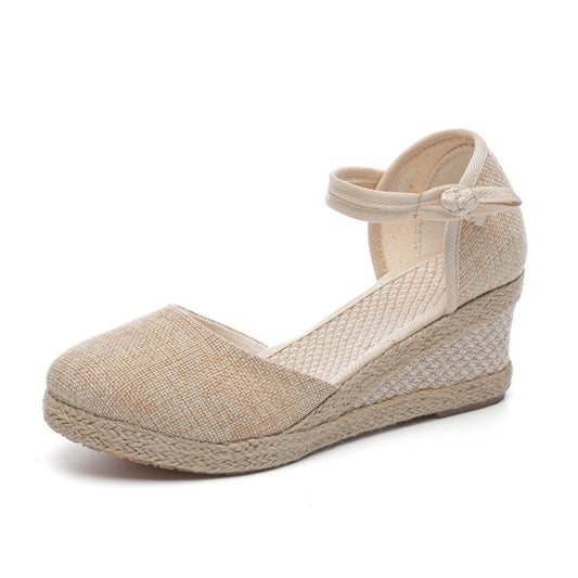 Women's Wedge Espadrilles - Closed Toe - Braided Jute Sole - Ankle Strap