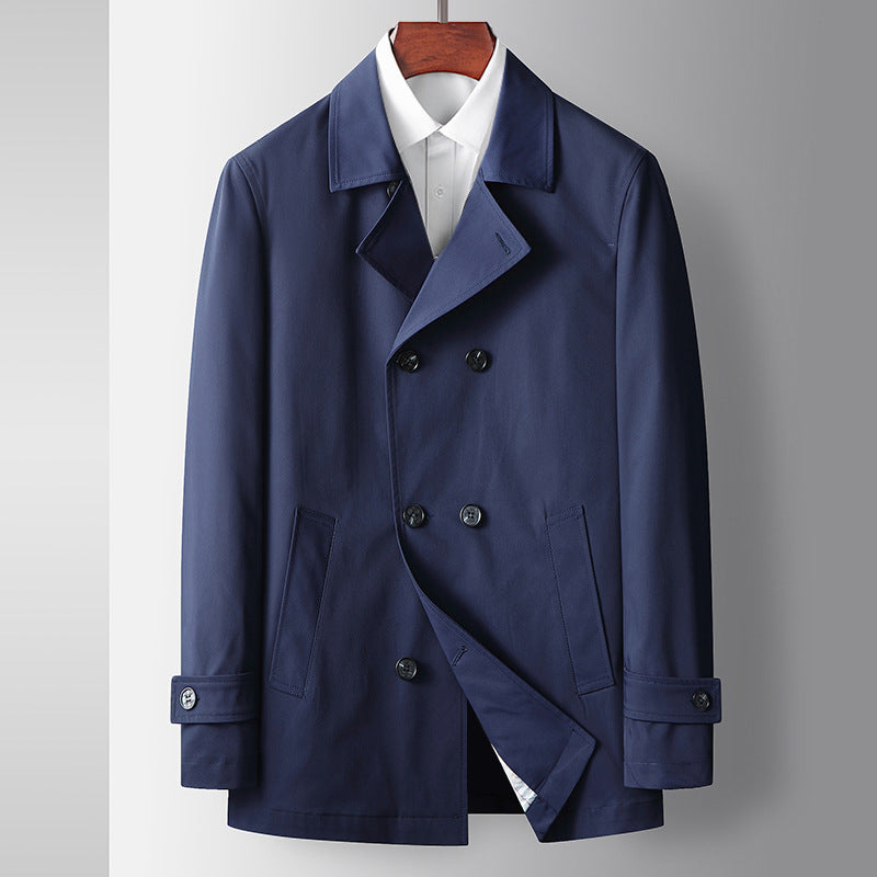 Men's Classic Wool Blend Double-Breasted Trench Coat with Lapel