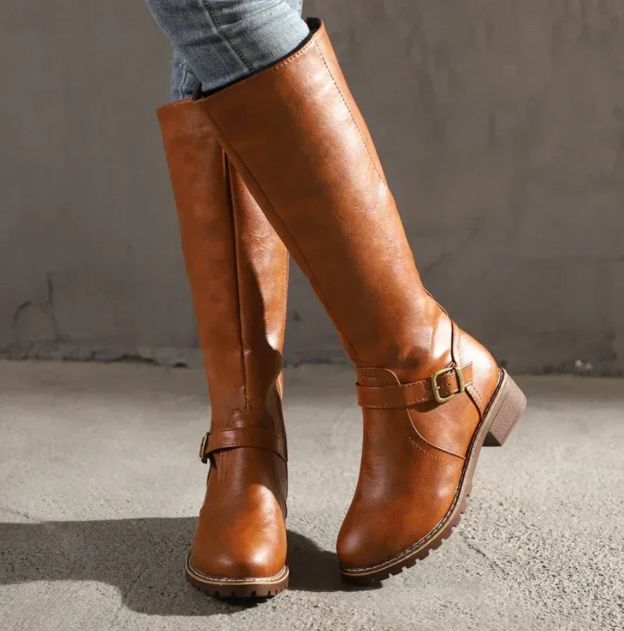 Women's Knee High Boots with Buckle Strap and Low Block Heel