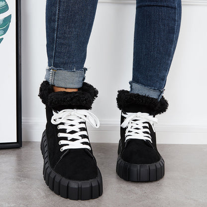 Lace Up Platform Warm Faux Fur Lined Booties Sneakers Boots