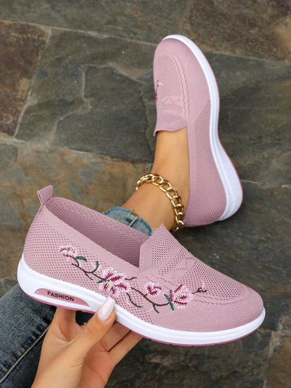 Sporty Sneakers For Women, Floral Embroidered Slip On Rocking Shoes